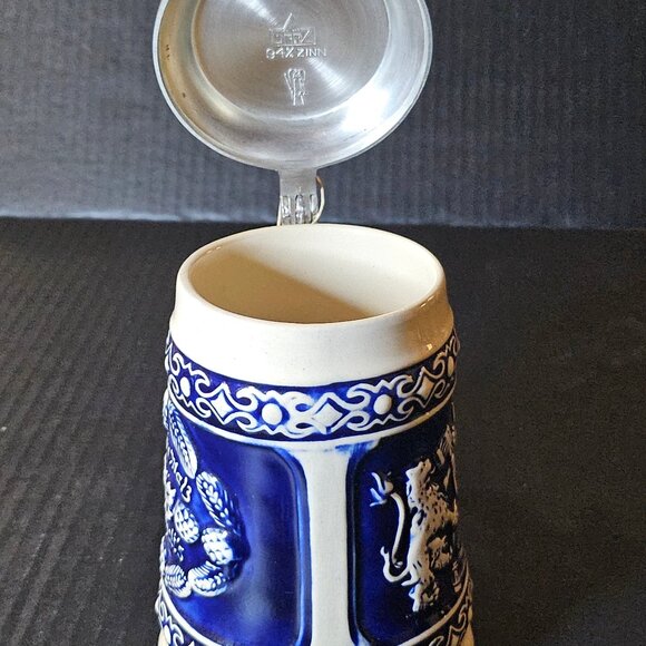 Vtg. Gerz German Zinc Lidded Beer Stein Cobalt Blue Koptenumab Gotterhalt's - Picture 8 of 12